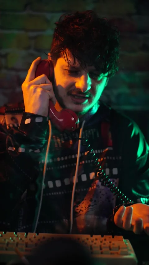 Vertical View of Young Man Talking Over Landline Telephone in Front of Old Stock Footage 301705883