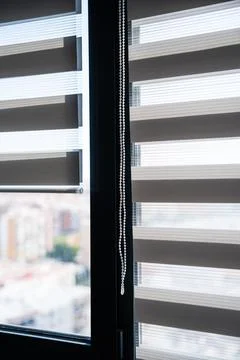 Vertical View of Zebra Window Blinds With Chain Control Foto stock