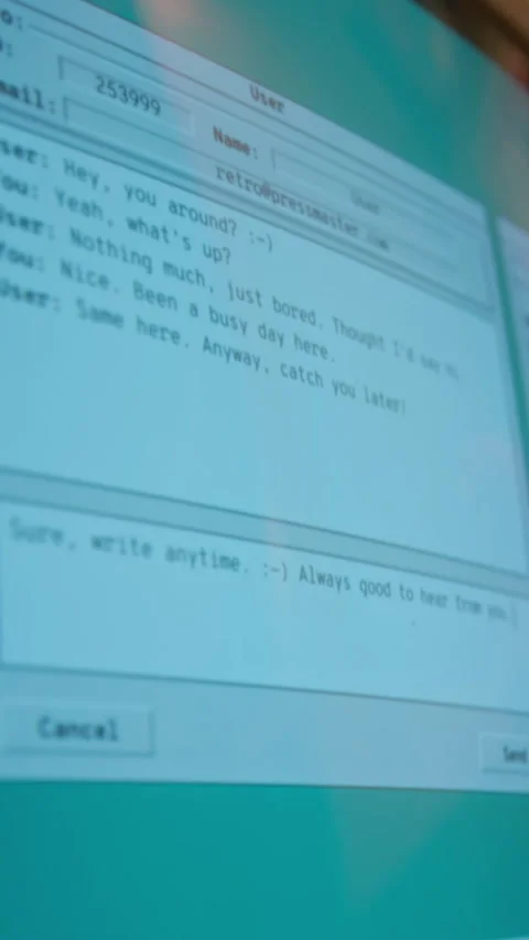 Vertical of Vintage Computer Screen Displaying Retro Chat Message Being Typed Stock Footage 337928906