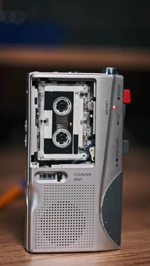 Vertical Vintage Micro Cassette Audio Tape Recorder Recording Sound Vídeos de archivo 257915221