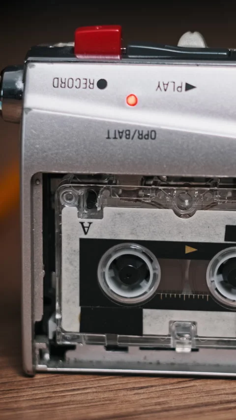 Vertical Vintage Micro Cassette Audio Tape Recorder Recording Sound Vídeos de archivo 258546631