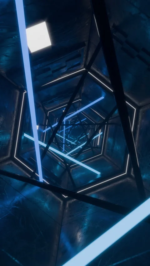 Vertical VJ loop rotation flythrough blue tunnel with glowing neon tubes Stock Footage 280048119