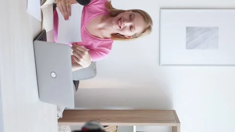 Vertical vlog recording teaching content woman Stock Footage 248913113