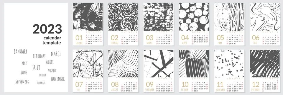 Vertical wall calendar template for 2023 year. Set of 12 months. Week starts on Stock Illustration