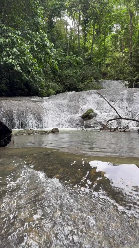 Vertical Waterfall Flowing Through Lush Tropical Jungle, Low Angle Stock Footage 325304176