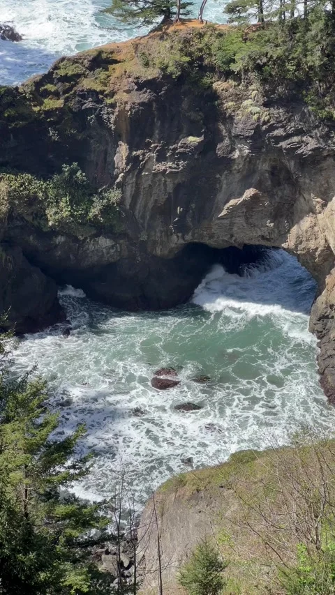 Vertical Waves Surging Into Sea Cave Arch at Natural Bridges Oregon Coast Vídeos de archivo 346985255