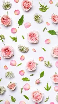Vertical web banner flower pattern: rosebuds, hawthorn flowers, rowan leaves  Foto stock