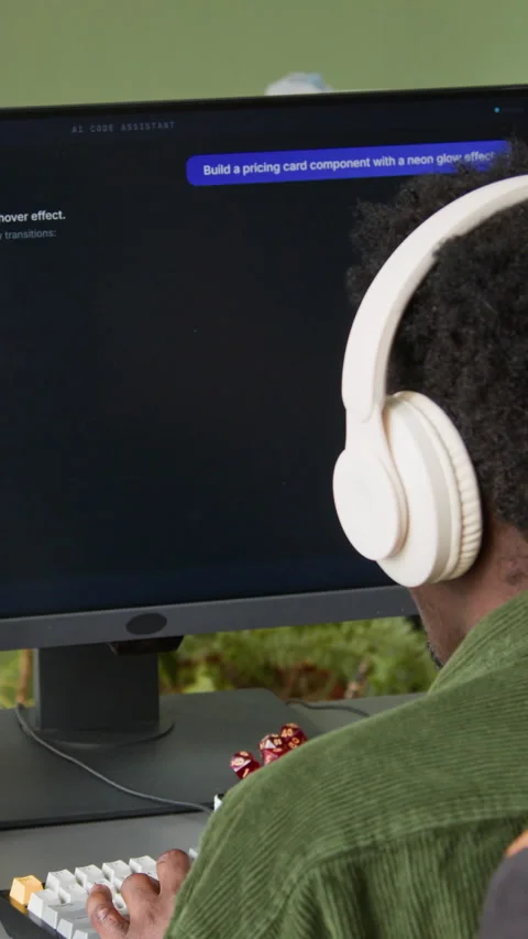 Vertical of Web Developer Watching AI Vibe Coding Assistant Writing Script Stock Footage 335937149