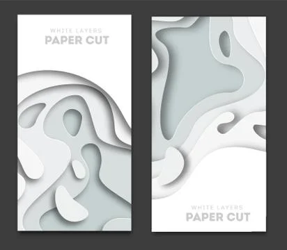 Vertical white banners with 3D abstract background, white paper cut shapes Stock Illustration