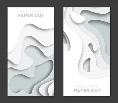 Vertical white banners with 3D abstract background, white paper cut shapes Stock Illustration
