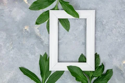 Vertical white frame mockup with leaves on textured stone surface Stock Photos