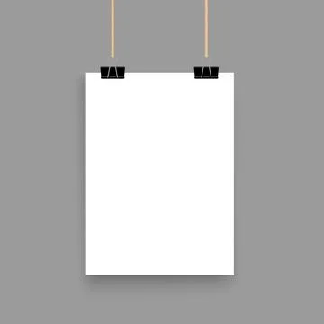 Vertical white poster hanging on binder clips. Vector sheet of paper mockup Illustrazione stock