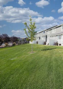 Vertical White puffy clouds Field outside the residential townhouse building  Fotos de archivo
