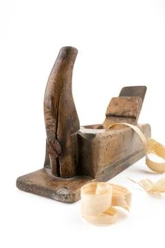 Vertical, wide angle studio shot of small vintage wood planer isolated on white Stock Photos