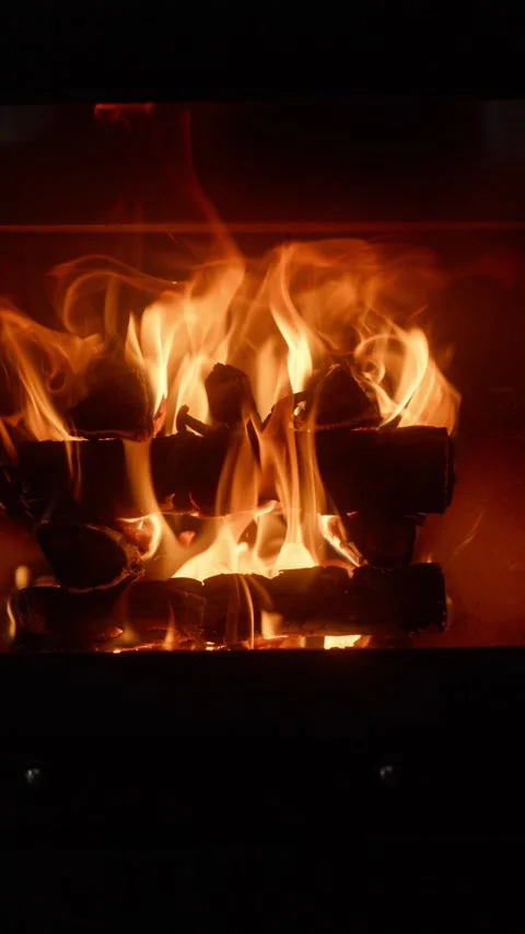 Vertical Wide Shot of Burning Fireplace with Large Wood Pile and Intense Flames Stock Footage 328833837