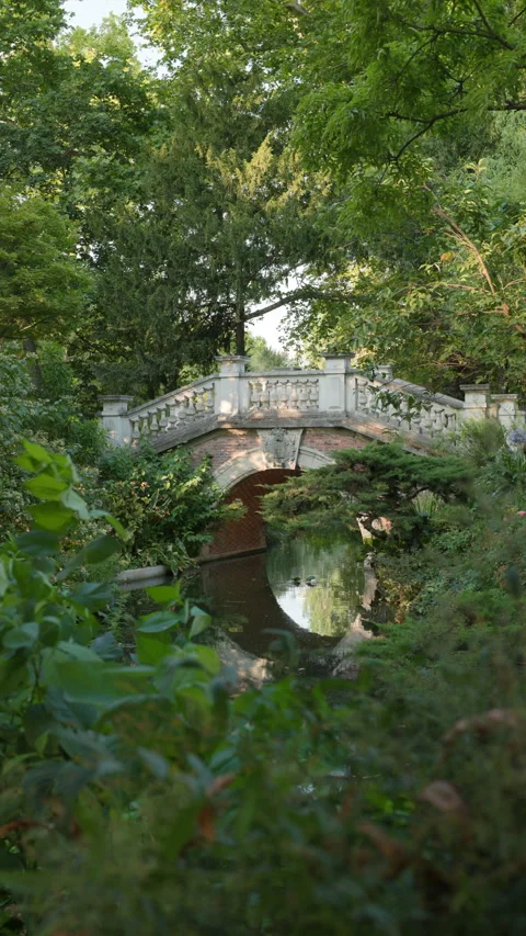 Vertical Wide View of Classical Stone Bridge Over Park Canal Surrounded by Lush  Stock Footage 340477385