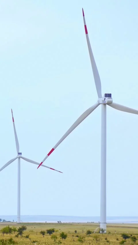Vertical wind turbines spin in open field. Renewable energy sources generate Stock Footage 343562782