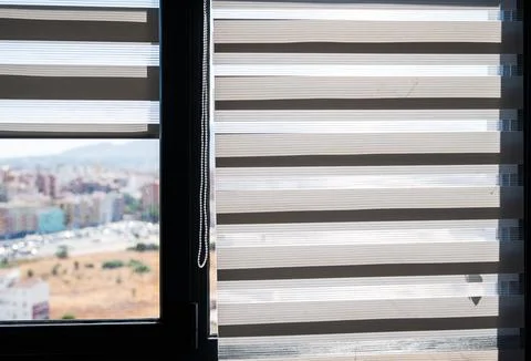 Vertical Window Frame With Zebra Blinds and Soft City Background Foto stock