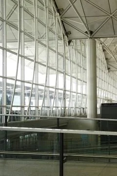 Vertical window, interior and ceiling of airport archtecture terminal buildin Stock Photos