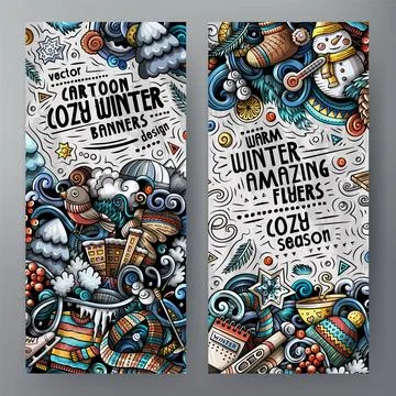 Vertical Winter Doodle Banner Set with Seasonal Objects Stock Illustration