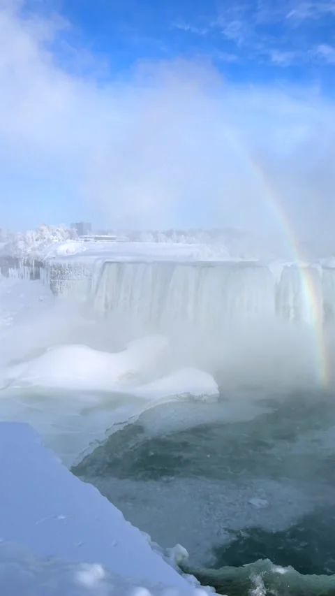 Vertical Winter Rainbow Over Horseshoe Falls From The Canadian Side Stock-Footage 342331513