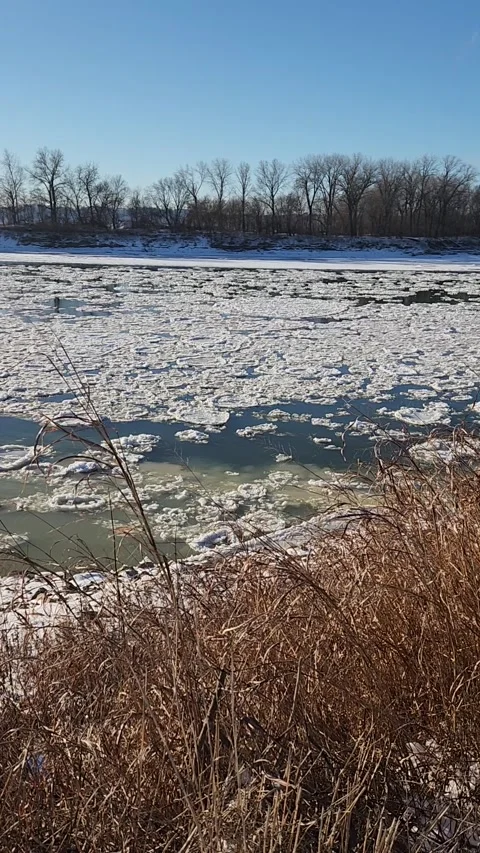 Vertical Winter River with Drifting Slushy Ice and Slow Current Stock Footage 330220107