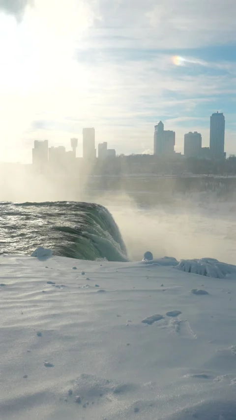 Vertical Winter View Of Niagara Falls Brink And Skyline From American Side Stock-Footage 342331316