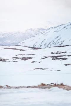 Vertical winter view of a snow covered mountain valley with utility poles i.. Stock Photos