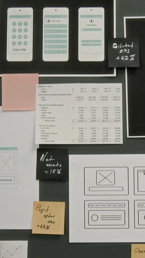 Vertical of Wireframe Layout Ideas for New Mobile Application at UX Startup Stock Footage 327897199