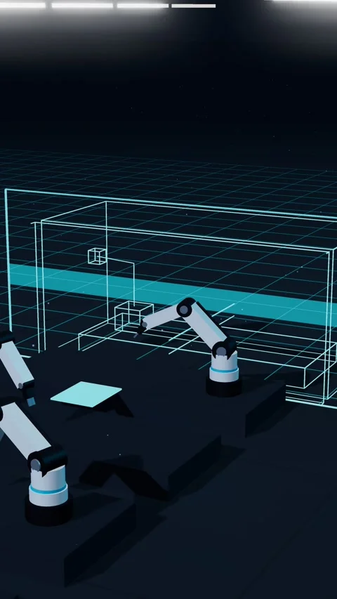 Vertical Wireframe Twin Of A Compact Single Arm Robot Cell Bank Running Beside Stock Footage 344638600