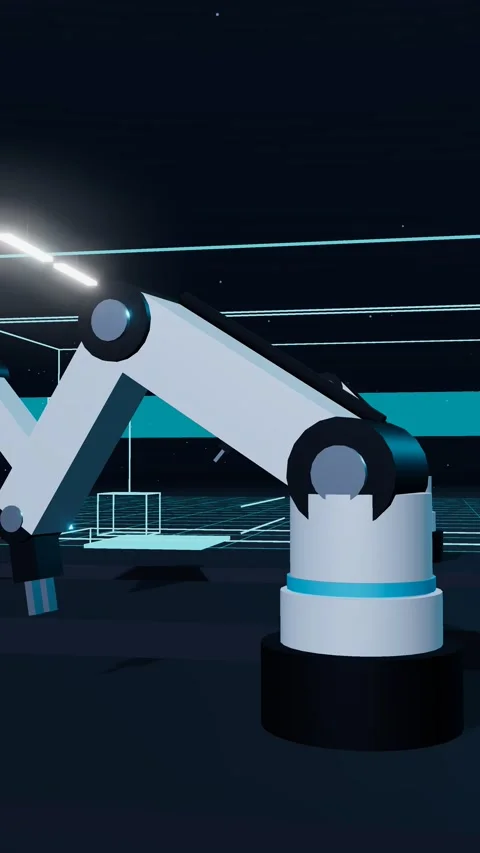 Vertical Wireframe Twin Of A Compact Single Arm Robot Cell Bank Running Beside Stock Footage 344638619