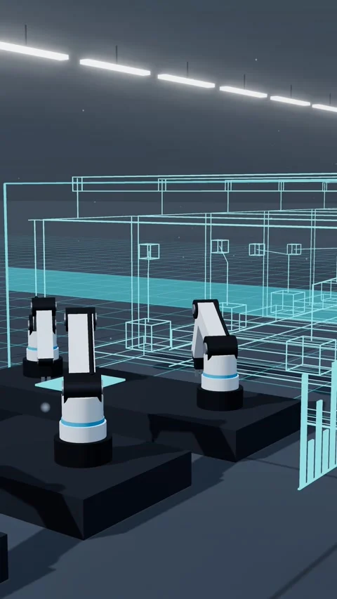 Vertical Wireframe Twin Of A Fourteen Cell Robot Line With A Gantry Running 스톡 동영상 344638646