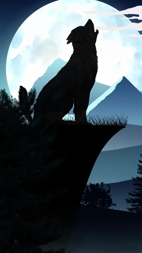 Vertical Wolf Howl Full Moon Vector Silhouette 4K Loop Stock Footage 326536118
