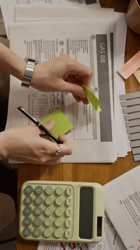 Vertical of Woman Writing Note on Utility Bill for Monthly Budget Planning Stock Footage 344643370