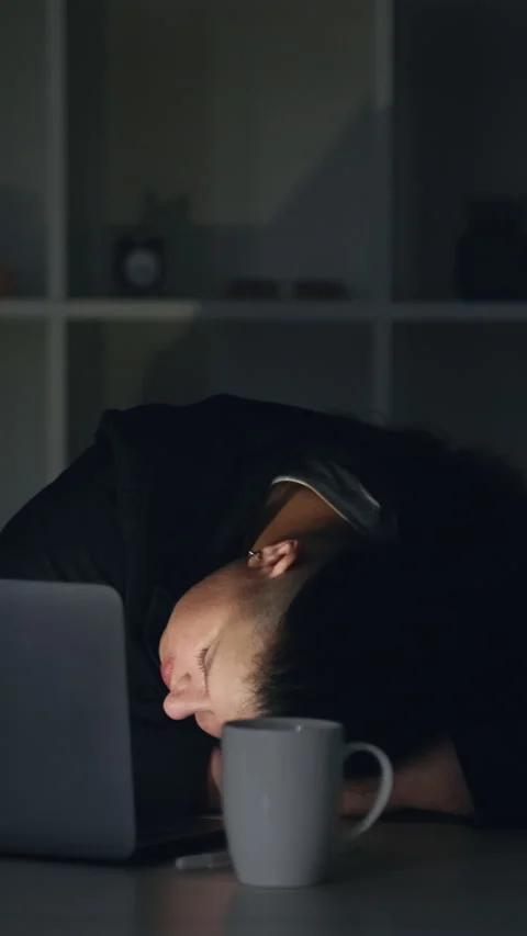 Vertical work fatigue night shift exhausted female Stock Footage 312681382