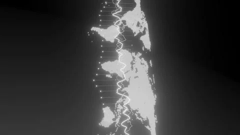 Vertical world map in digital dotted style with dynamic glowing data lines on a Stock Footage 296312056