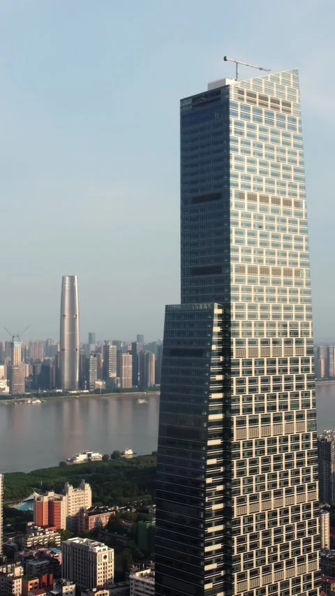 Vertical Wuhan CBD Aerial View Drone City Business District Stock Footage 327681337