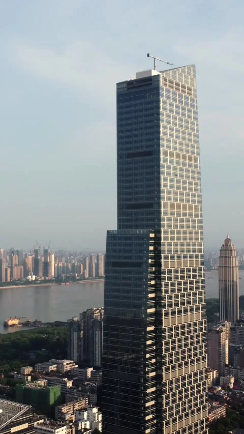 Vertical Wuhan CBD Aerial View Drone City Business District Stock Footage 327681636