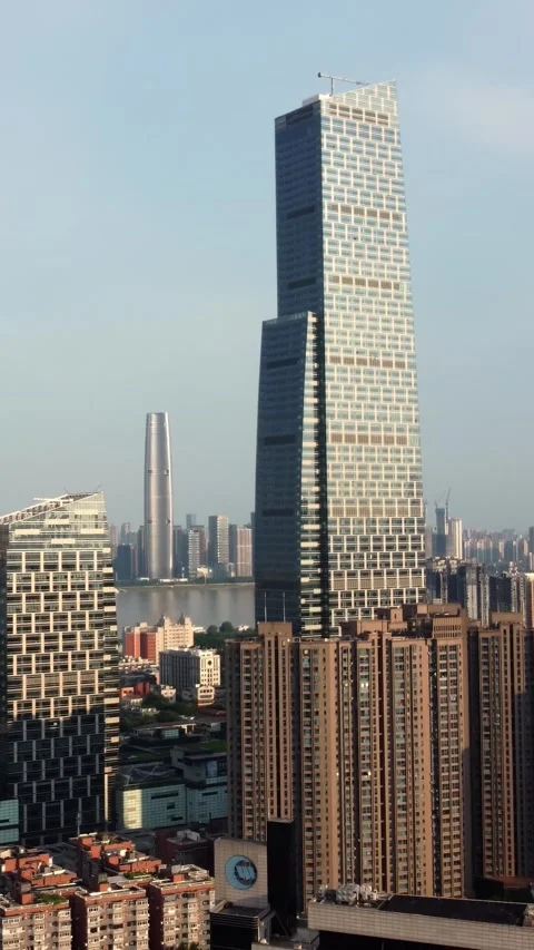 Vertical Wuhan CBD Aerial View Drone City Business District Stock Footage 327681644