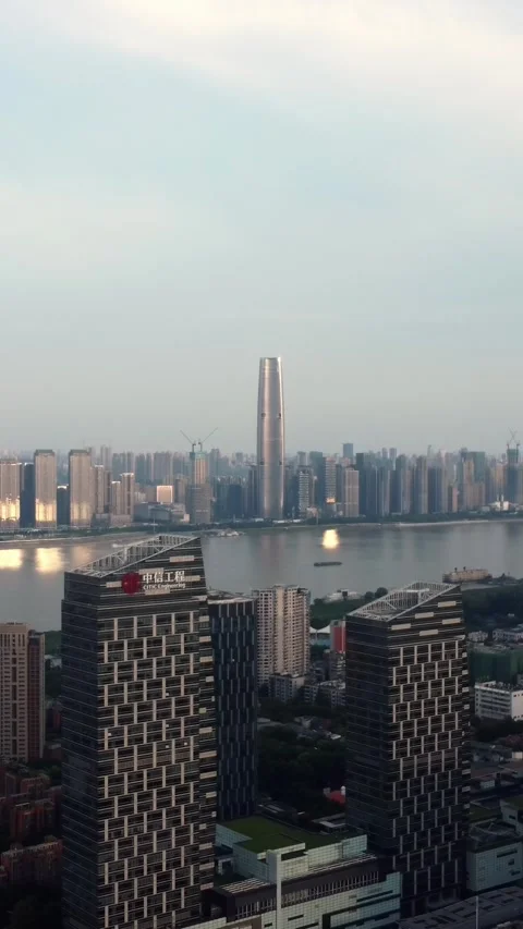 Vertical Wuhan CBD Aerial View Drone City Business District Stock Footage 327681695