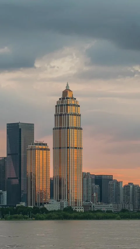 Vertical Wuhan City Skyscraper Sunset Glow Urban Motion Timelapse Stock Footage 327673585