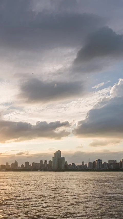 Vertical Wuhan City Skyscraper Sunset Glow Urban Motion Timelapse Stock Footage 327673686