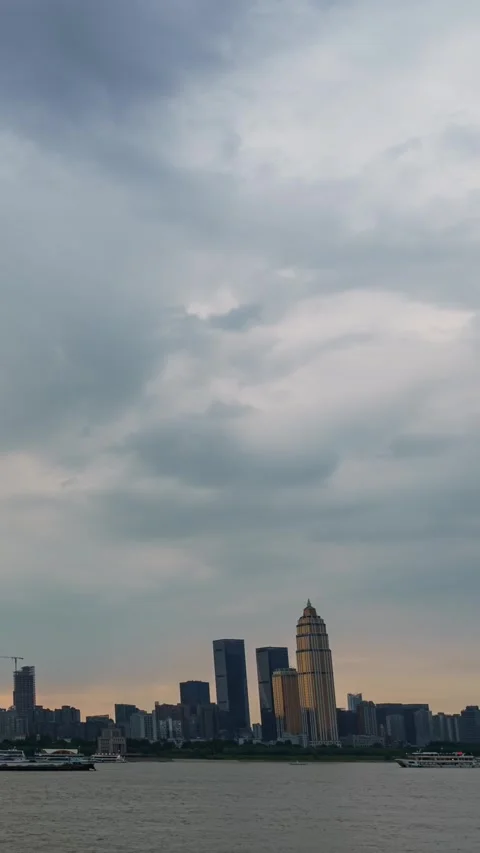 Vertical Wuhan City Skyscraper Sunset Glow Urban Motion Timelapse Stock Footage 327673827
