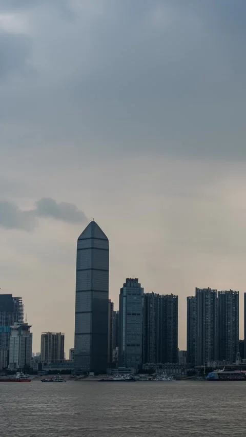 Vertical Wuhan City Skyscraper Sunset Glow Urban Motion Timelapse Stock Footage 327673857