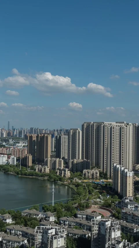 Vertical Wuhan City Skyscraper Sunset Glow Urban Motion Timelapse Stock Footage 327674538