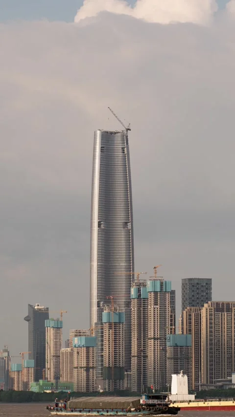 Vertical Wuhan Landmark Building Clouds Flow Motion Timelapse Stock Footage 327674597