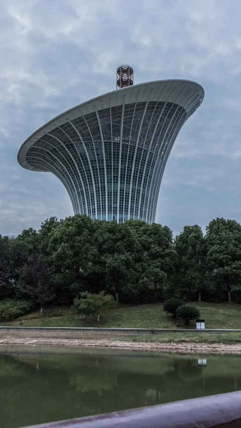 Vertical Wuhan Landmark Building Clouds Flow Motion Timelapse Stock Footage 327674605