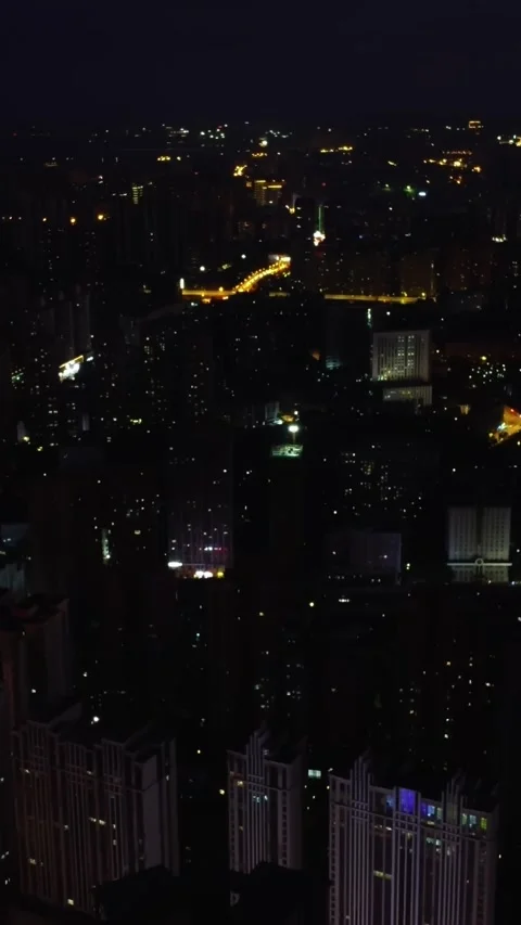 Vertical Wuhan Night View Aerial Drone Cityscape Light Motion Stock Footage 327680711