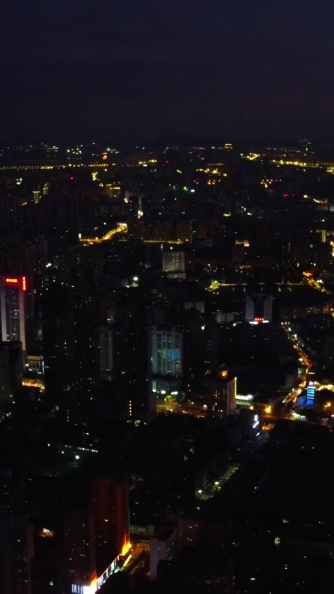 Vertical Wuhan Night View Aerial Drone Cityscape Light Motion Stock Footage 327680723