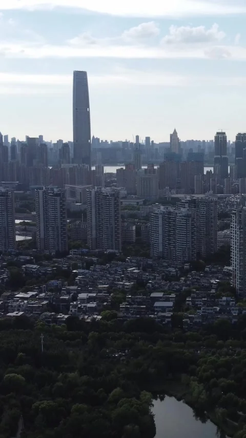 Vertical Wuhan Skyscraper Aerial View Drone Cityscape Motion Stock Footage 327679986